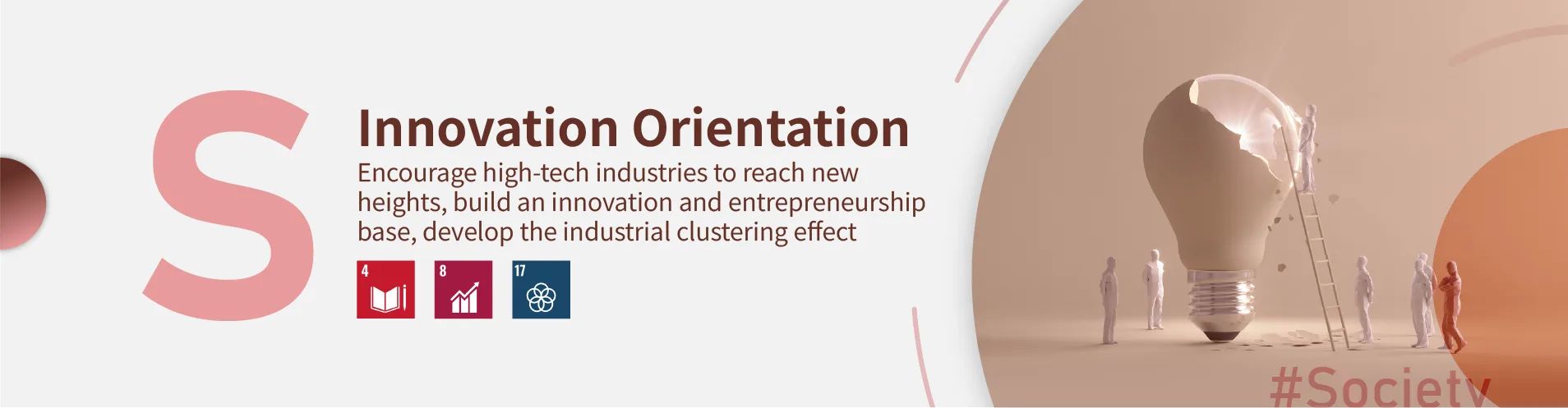 S Innovation Orientation — encourage high-tech industries to reach new heights, build an innovation and entrepreneurship base, develop the industrial clustering effect. Core goals T-SDG 4, 8 and 17.