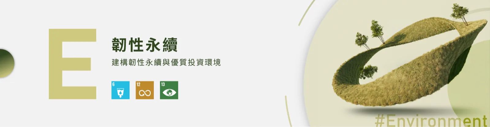 E 韌性永續——建構韌性永續與優質投資環境，核心目標 T-SDG 6、12、13。